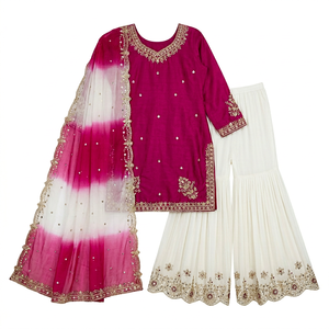 Conjunto Tradicional Indio-Pakistaní de Salwar Kameez para Mujer, Kurta de Crepé con Bordado Intenso, Palazzo y Dupatta, para Graduación, Bodas y Fiestas - Product Image 1