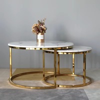 Nouvelle conception, table basse ronde dorée de style nordique, table d'appoint en fil de fer avec plateau en marbre à 2 niveaux, meubles de salon