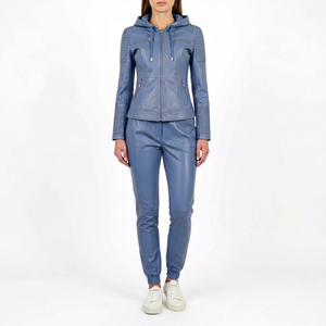 Women's Blue Hooded Moto <b>Jacket</b> with Full Zip and Pockets Regular Sleeves Windproof Unlined and Slim Fit - Product Image 1