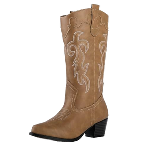 Bottes de cow-boy occidentales classiques en cuir pour femmes 2025, design brodé de rodéo, mi-mollet, confortables, bottes de luxe de créateur - Product Image 1