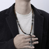 Collier Croix Religieuse pour Homme Très Demandé, Perles en Œil de Tigre Jaune et Gallstones Noirs Naturels, Style Hip Hop