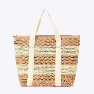 Generation New Paper Rope Striped Two-color Woven Zipper Soft Large Capacity Urban Simplicity <b>Work</b> Daily Women's <b>Bag</b> Tanjing - Product Image 6