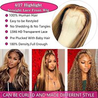 Peluca de Cabello Humano Liso con Reflejos, Pelucas de Encaje HD para Mujeres Negras, Sin Pegamento, Pre-Desplumada con Cabello de Bebé