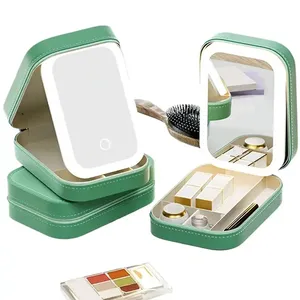 Özel Logo kozmetik Pu deri ayna makyaj masası aynası takı kutusu kozmetik ile dokunmatik sensör ile saklama kutusu