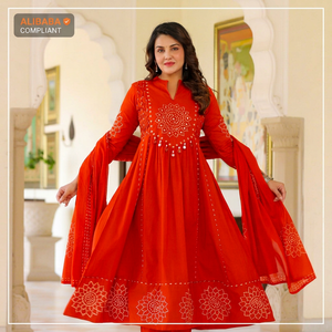 Women's Orange Cotton Embroidered <b>Kurti</b> With Pant And Dupatta Set Floral Design Traditional Daily Wear India Pakistan Style - Product Image 1