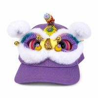 Casquette de baseball style chinois Lion Dance Hat avec broderie 3D tête de lion, pompon et crinière en peluche moelleuse pour fête