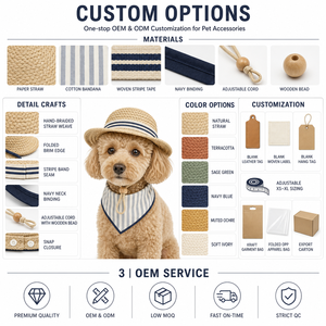 Conjunto de sombrero de paja y bandana de algodón a rayas para perro, ropa para mascotas, OEM México, sombrero ajustable a prueba de viento, reversible, triangular - Product Image 2