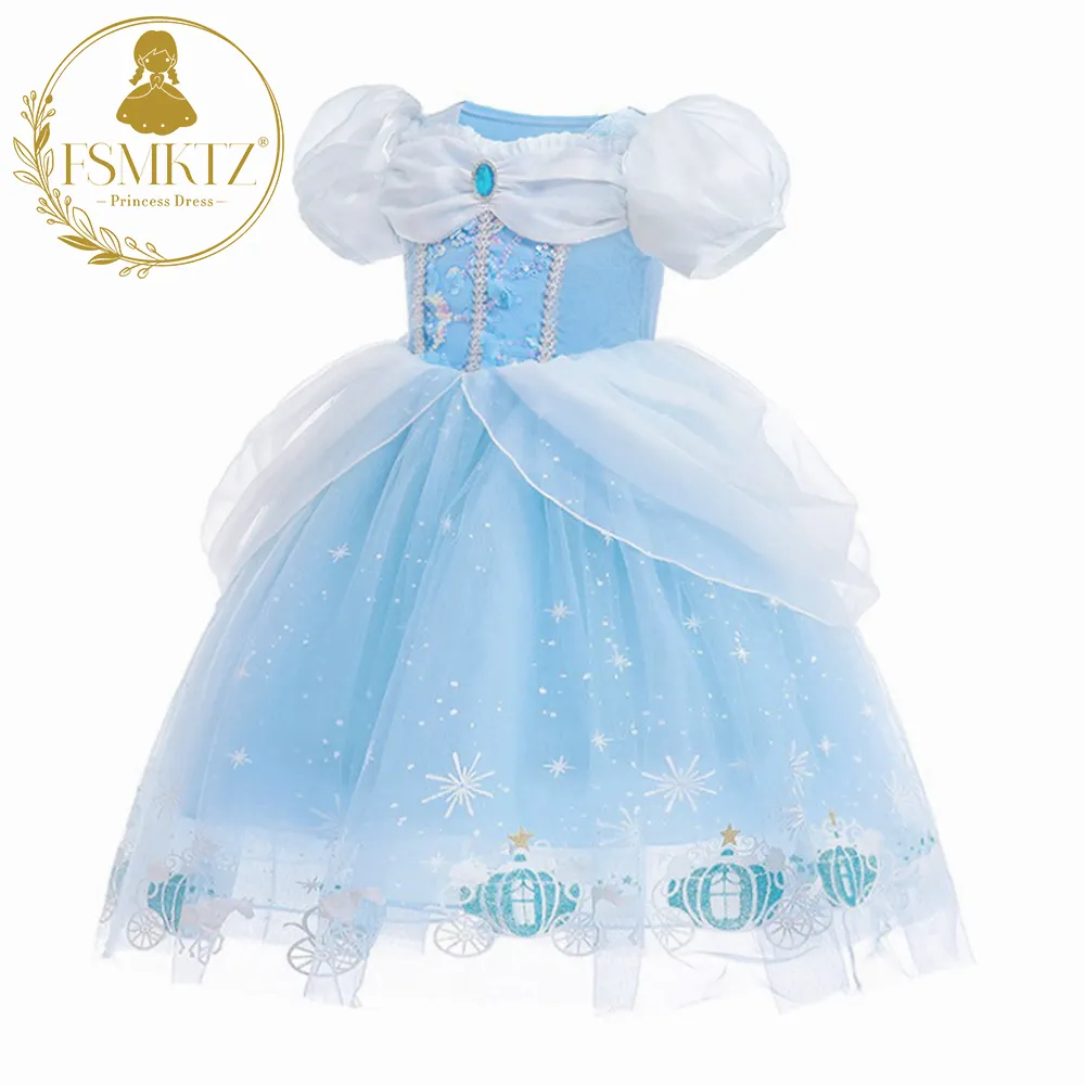 FSMKTZ Phantasie Halloween Cosplay Prinzessin Kleid Kinder Kinder Film Kostüme Hellblau Elegante Mädchen Party kleid