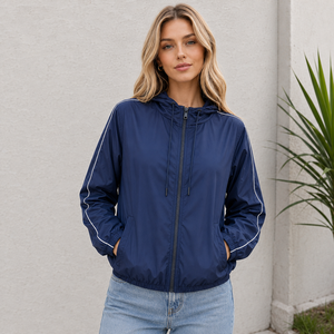 Veste coupe-vent à capuche rayée bleu marine pour <span class=keywords><strong>femme</strong></span>, légère et décontractée, avec fermeture éclair, idéale pour l'extérieur, vente en gros - Product Image 2