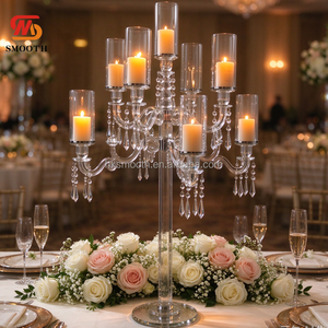 Candélabre de luxe lisse à 9 bras en verre cristal transparent avec pendentifs en cristal suspendus, centre de table de mariage, pour événements et banquets - Product Image 1