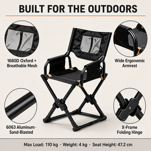 Chaise de camping pliable portable, chaise de réalisateur d'extérieur avec accoudoirs et sac de transport, cadre en aluminium, tissu Oxford, design minimaliste - Product Image 6