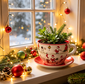 Tazza da tè e piattino natalizi in ceramica smaltata, vaso <span class=keywords><strong>per</strong></span> piante con grazioso motivo Babbo Natale e pupazzo di neve, con drenaggio, decorazione <span class=keywords><strong>per</strong></span> giardino e casa - Product Image 3