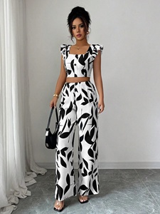 2026 Summer Women's 2 Piece Set Leaf Print Ruffle Sleeve Crop Top High Waist Wide Leg <strong>Pants</strong> Casual Outfit Wholesale - Product Image 3