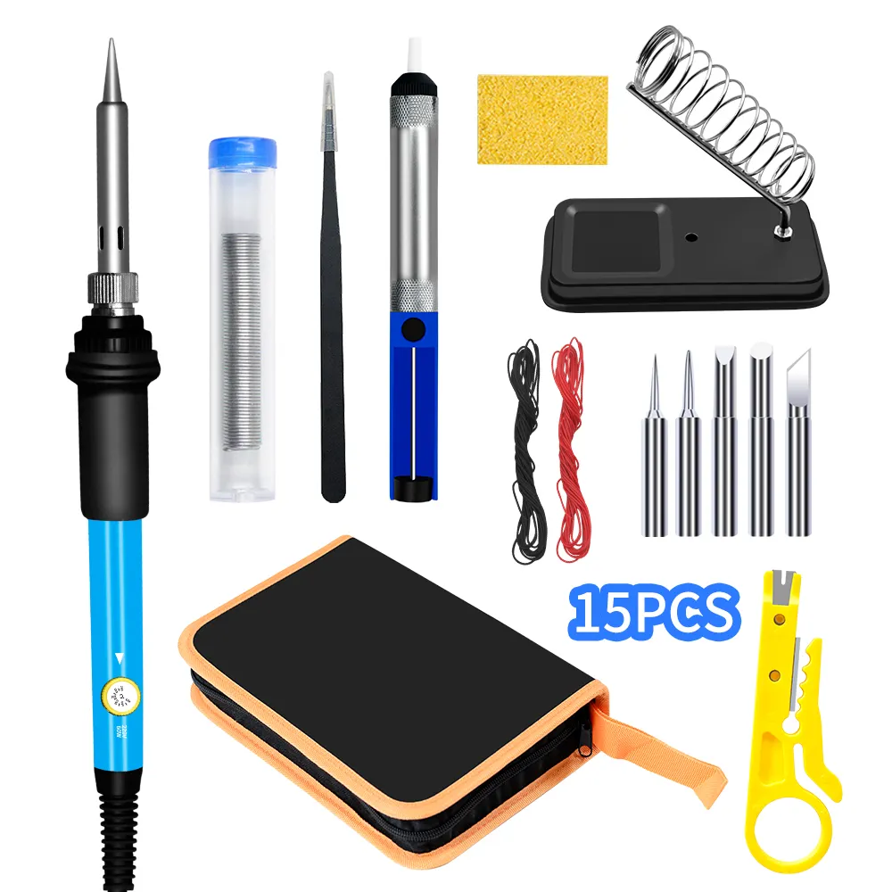 Portable 15 components electric soldering iron pen tools kit for welding and repairing with 5 tips and desoldering pump