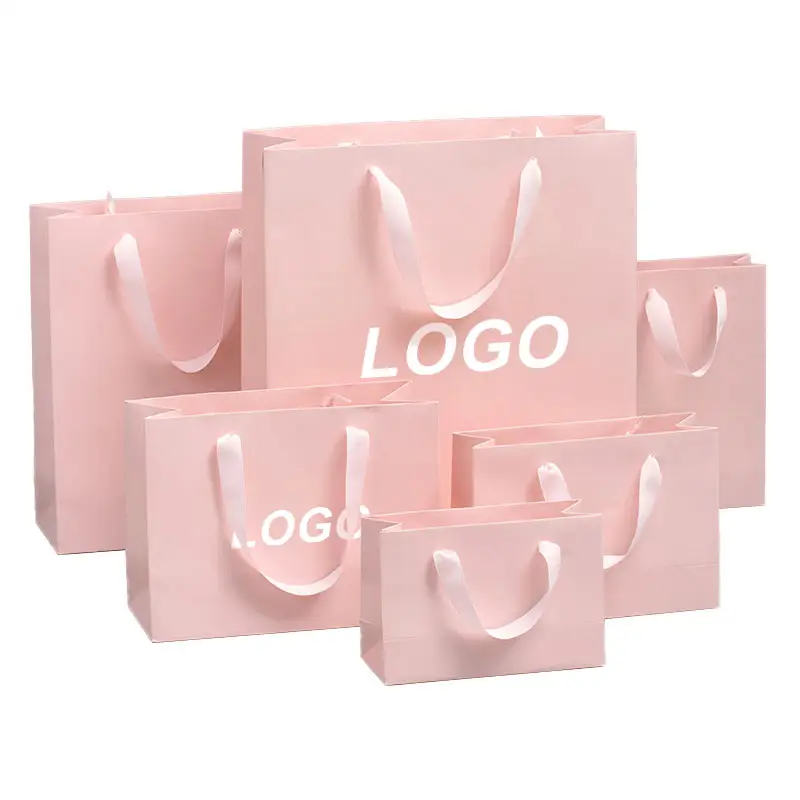 Sacolas de papelão para compras de marca, sacola de papel para presente rosa com logotipo próprio, sacola de papel para compras com logotipo para pequenas empresas