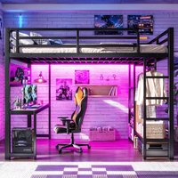 Lit superposé en métal Queen avec étagères de rangement, bureau, ports USB, lumières, tringle suspendue, design moderne type « cave board » ODM/OEM