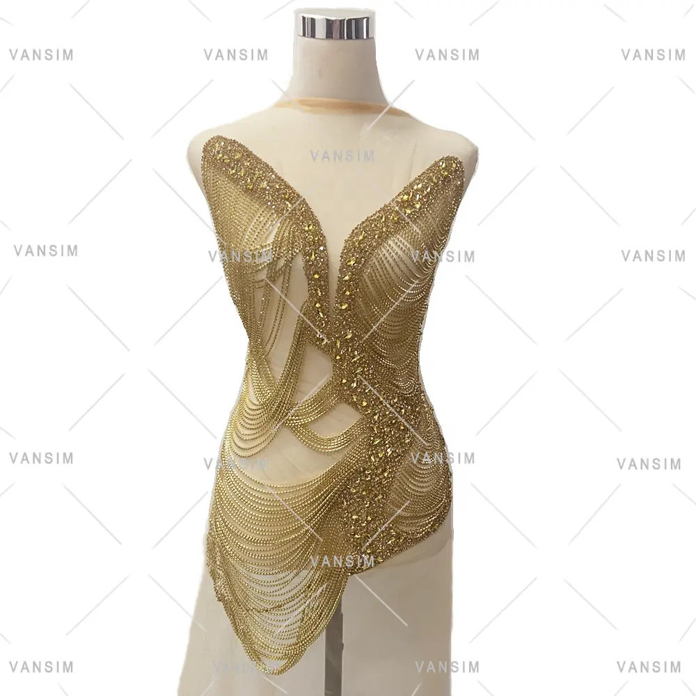 Applique de robe corsage à franges avec chaîne en strass doré brillant pour robe de mariée, robe de danse