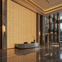 Panneau mural décoratif rétroéclairé par LED avec anneau en verre dépoli et disque en marbre, cadre en acier inoxydable poli pour mur d'accentuation de hall d'hôtel