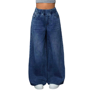 Pantalon en <span class=keywords><strong>jean</strong></span> décontracté chic pour adolescentes, taille haute élastique, coupe ample et large, poches latérales classiques, confortable, polyvalent, style streetwear, personnalisable - Product Image 4
