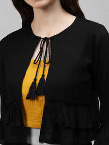 Chaqueta tipo bolero de rayón liso para mujer con volantes Dori, manga 3/4, cuello redondo, top informal - Product Image 2