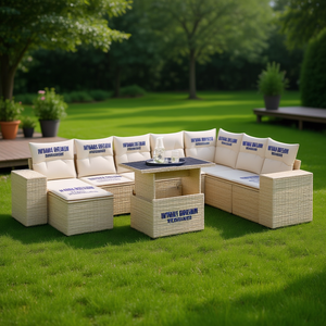 Ensemble de canapés de jardin beige avec rangement, meubles en rotin d'extérieur, design contemporain, coussins imperméables - Product Image 2