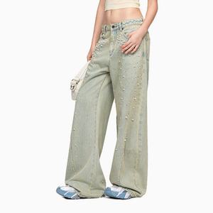 Pantalon en jean léger personnalisé pour femmes, décoration en perles, coton, mode vintage, effet délavé, jean baggy pour femmes - Product Image 2