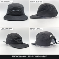 Casquette de camping 5 panneaux personnalisable avec logo, réfléchissante, haute performance, perforations laser, visière plate, cordon élastique, noire