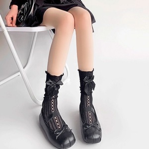 Ballet Style Bow Print Hollowed-out Lolita Slouch Socks For Women Ultra-thin 0D Nylon Mid-Calf Socks Black White - Product Image 2