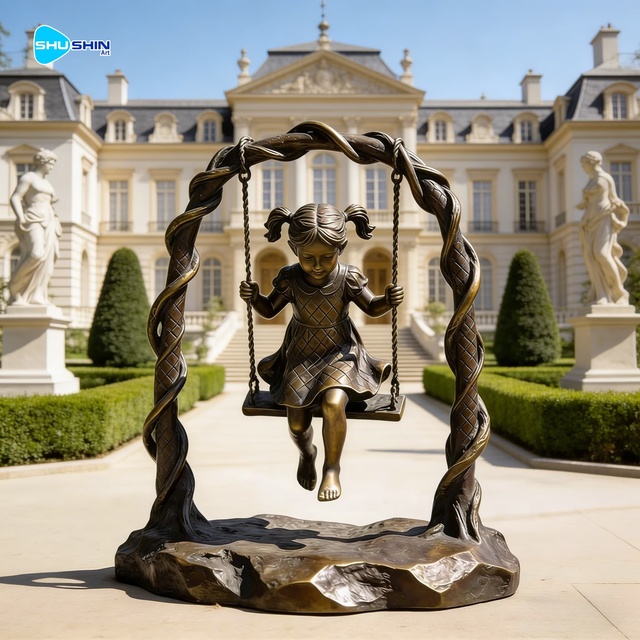 Life Size Bronze Girl Swing Sculpture Outdoor Garden Decor Cast Children Statue
