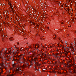Body rosso con strass per performance sul palco, spalle scoperte, maniche lunghe, collo alto, con frange di perline, costume da ballo per cabaret e showgirl - Product Image 6