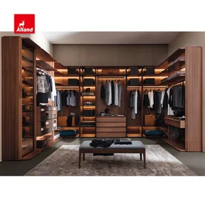 Custom Alland Factory Price U Shape Wood Grain Wardrobe High End Modern Design Timber Grain Dressing Closet For Walk In Wardrobe