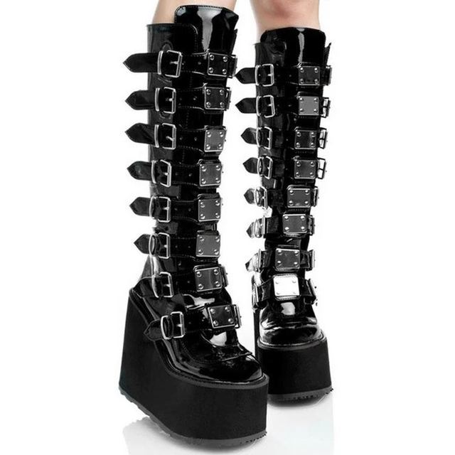 Design Big Size 43 Black Gothic Style Cool Punk Motorcycles Female Platform Wedges High Heels Calf Women Boots