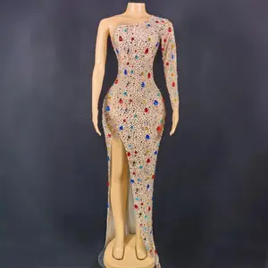 AD1753 럭셔리 댄스 파티 드레스 한 어깨 긴 이브닝 원피스 슬릿 이브닝 드레스 하이 퀄리티 크리스탈
