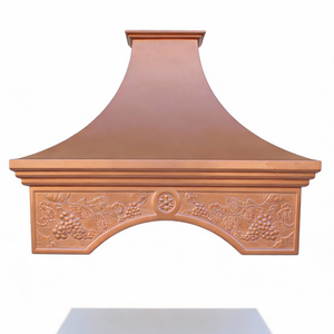 Cappa da <span class=keywords><strong>cucina</strong></span> di lusso artigianale intagliata a forma di campana in rame, con corona ad arco, personalizzata, finitura patinata spazzolata, con sistema di ventilazione - Product Image 2