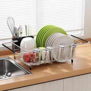 Égouttoir à vaisselle extensible en acier inoxydable pour cuisine, à poser au-dessus de l'évier, avec porte-ustensiles et organisateur de vaisselle - Product Image 5