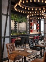 Diseño de Interiores para Restaurantes y Bares Industriales con Muebles Comerciales Personalizados de Metal Negro, Asientos Tipo Cabina y Equipamiento Llave en Mano
