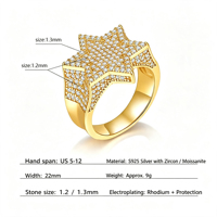 Bague unisexe en moissanite, style hip-hop, étoile à six branches, micro-pavé, plaqué or, bijou statement, design pour anniversaire et soirée