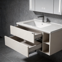 Rak Dinding Kamar Mandi Modern Warna Putih dengan Wastafel Persegi Panjang, Kabinet Cermin LED, Penyimpanan Tersembunyi, dan Dua Laci Soft Close