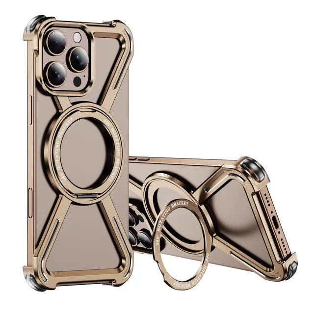 Magnetic Metal Holder Phone Case for iPhone 13 14 15 16 Pro Max Aluminum 360 Degree Rotating Stand Hollow Cooling Phone Cover