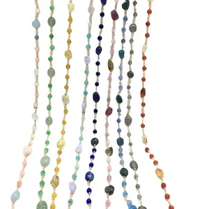 Wholesale gold plated copper wire wrap colorful gemstone beads rosary chain