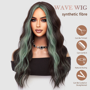 باروكة شعر طويلة سوداء بتموجات مائية مع غرة خضراء مرحة ودانتيل بني داكن، قبعة قابلة للتعديل، بدون غراء، مصنوعة من ألياف عالية الحرارة - Product Image 4