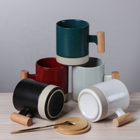Mug à café personnalisé avec logo, 320 ml, poignée en bois, couvercle, tasse à petit déjeuner personnalisée, boîte cadeau, mug à café en céramique avec poignée