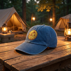 Casquette Dad en jean personnalisée, style vintage années 70, motif silhouette montagne <span class=keywords><strong>soleil</strong></span>, surpiqûres moutarde et or, en coton doux, non structurée, respirante et ajustable - Product Image 5
