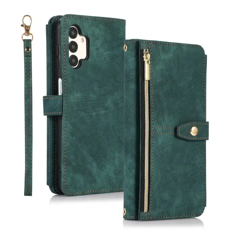 Funda de teléfono para hombre, funda de libro con hebilla magnética, correa abatible, pulsera con cremallera, verde, para Iphone 14 Pro Max, billetera para Samsung A13 PU