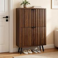 Meuble à chaussures moderne en noyer européen avec portes à lattes, 4 niveaux, pour entrée et salle à manger, design fin et peu encombrant, écologique