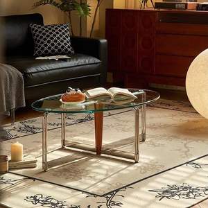 Mesa de Centro Ovalada de Acero Inoxidable Estilo Bauhaus Retro, Vidrio Templado, Diseño Moderno para Sala de Estar, Uso Doméstico - Product Image 1