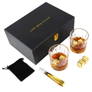 Well Made Good Sales Gold Color Stainless Steel Whiskey Ice Cube And Wooden Gift Box Packaging And Whiskey Glass