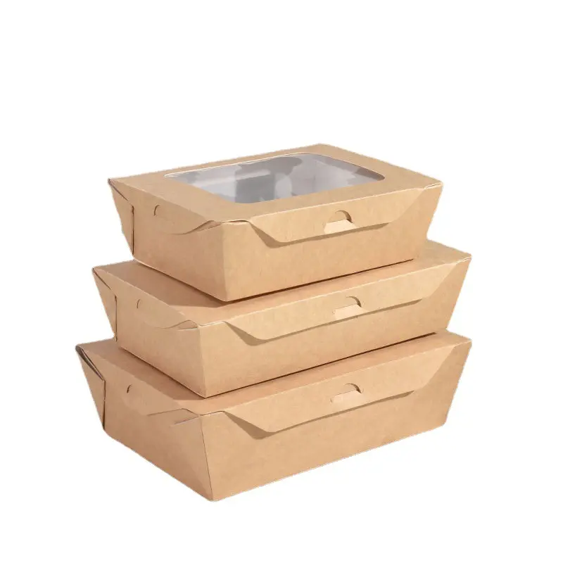 Boîtes de poulet biodégradables à emporter fast food frit jetable papier kraft brun déjeuner boîte d'emballage à emporter avec Cwindow