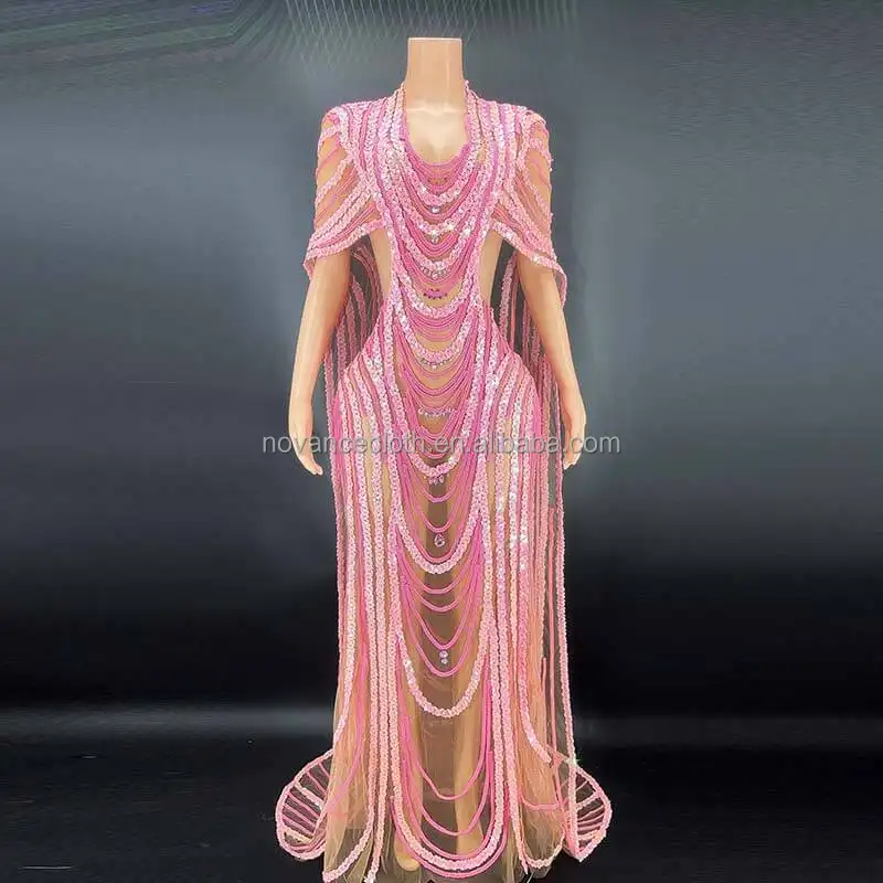 Novance vestidos mulher rosa brilhantes com lantejoulas, roupas femininas tamanho pulso, longo, elegante, de malha, para noite, Y2359-D