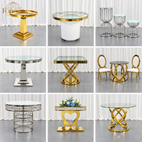 Table de salle à manger ronde avec plateau en verre, base en acier inoxydable doré, mobilier de salle à manger pour mariage, salle de banquet
